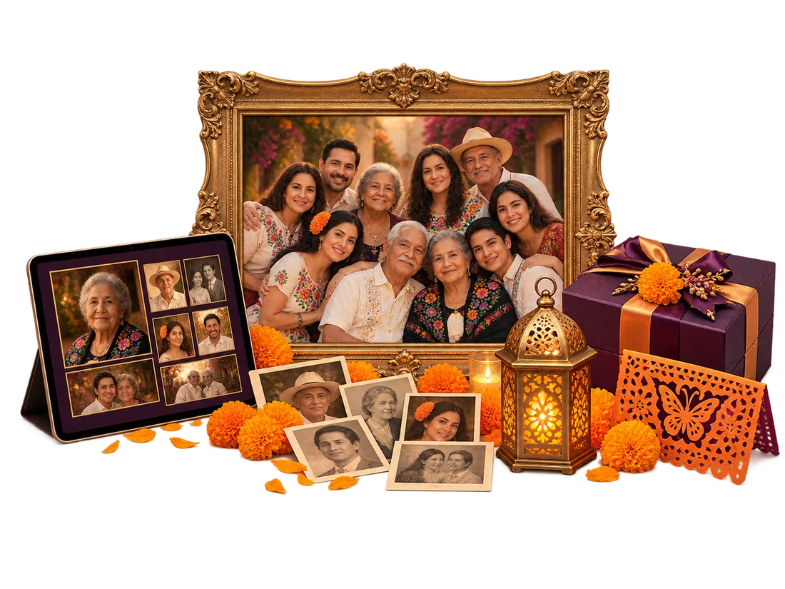Combo Familia con gran retrato conjunto, galería digital, impresos, luminaria y colección para compartir