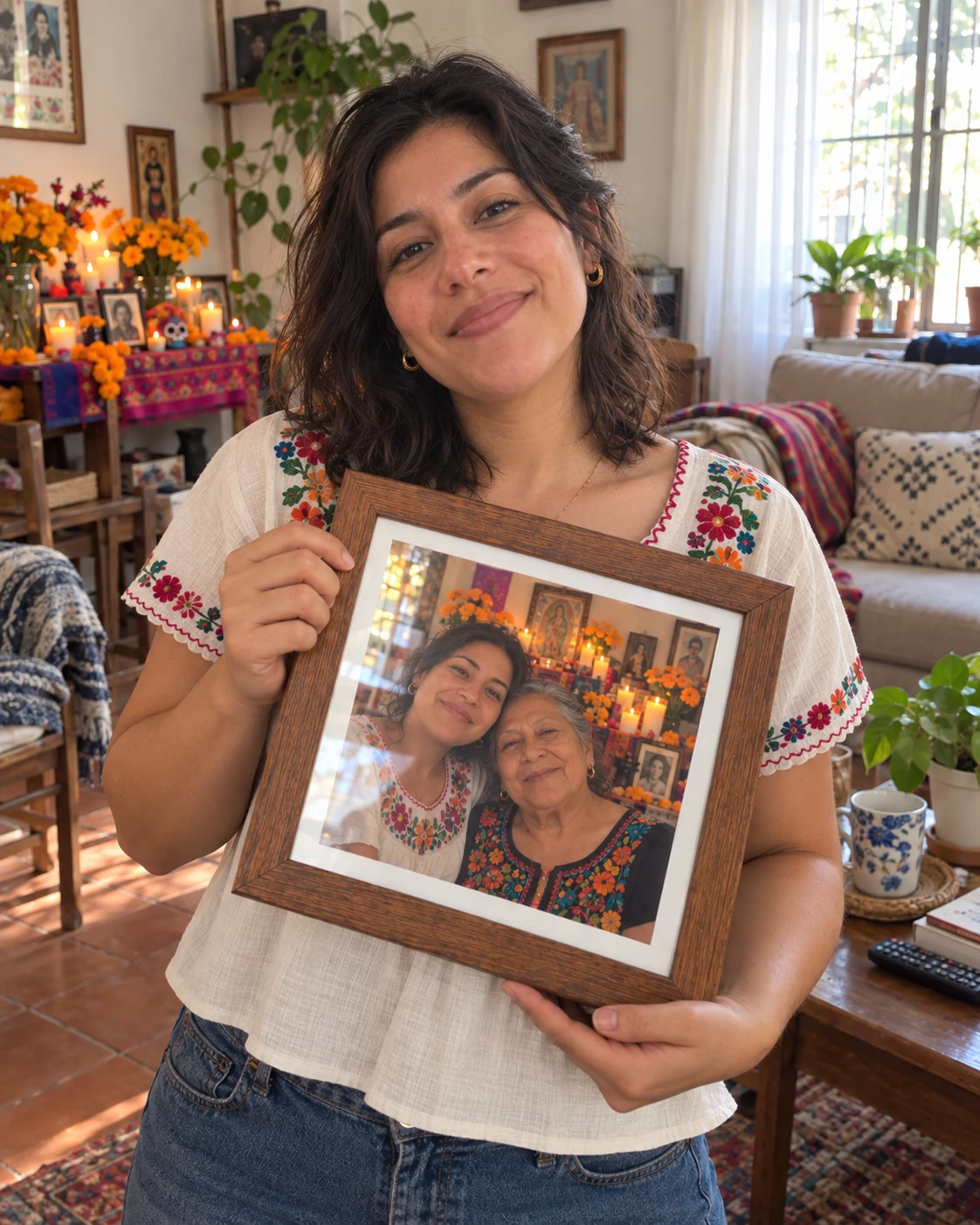 María con su retrato de reencuentro impreso