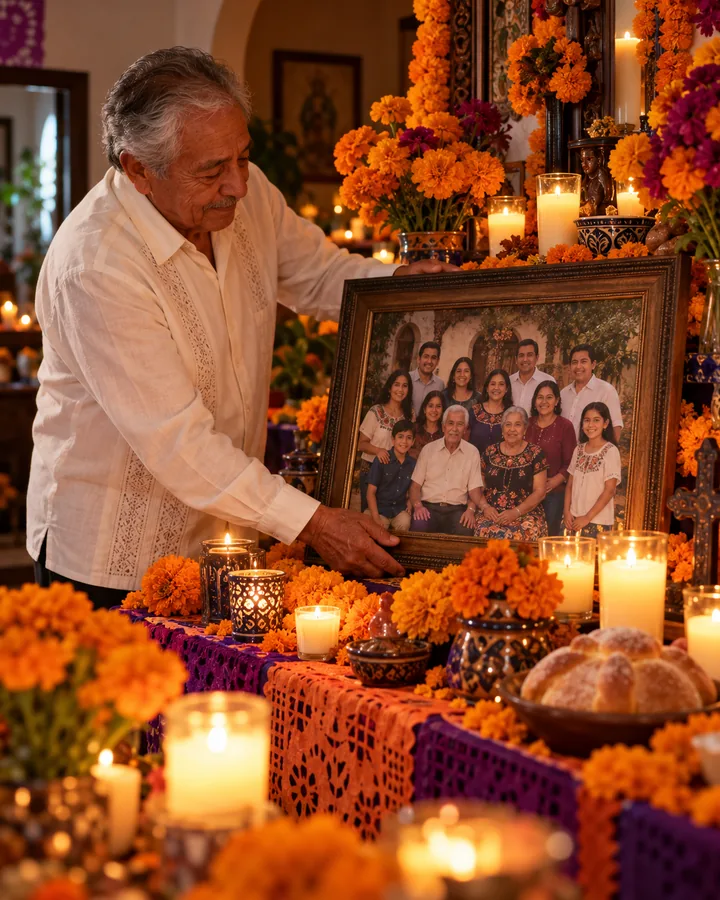 Hombre colocando un retrato familiar en una ofrenda