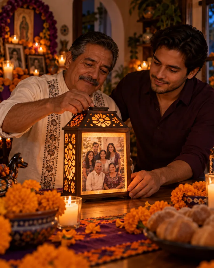 Padre e hijo con una luminaria de retrato familiar
