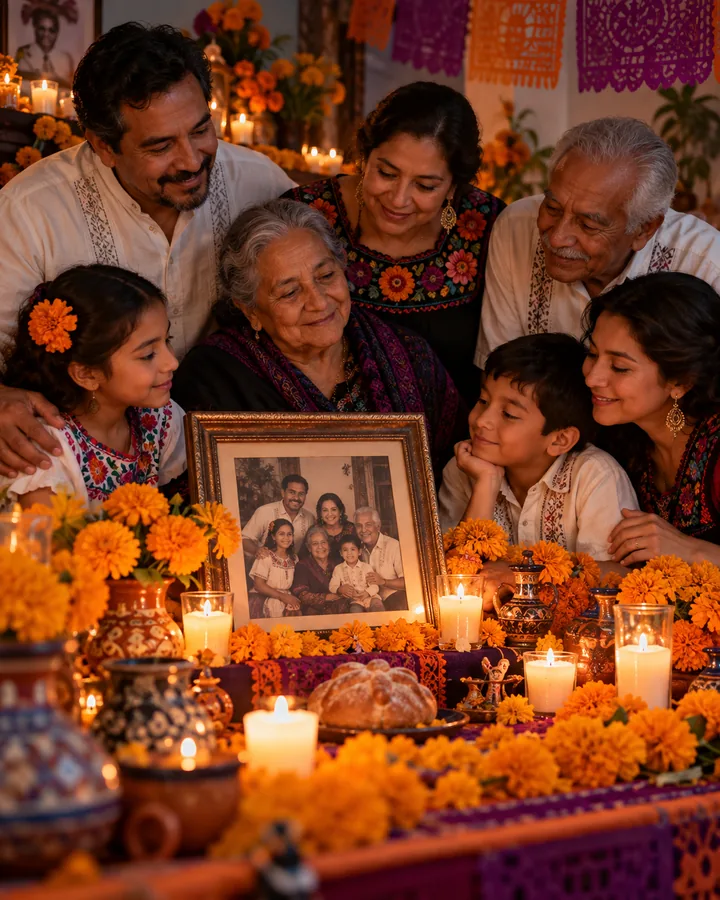 Familia reunida alrededor de una ofrenda con su retrato