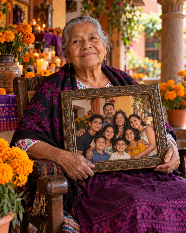 Abuela conservando cerca un retrato de su familia