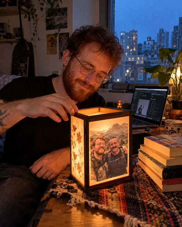 Hombre junto a una lámpara personalizada con una fotografía familiar