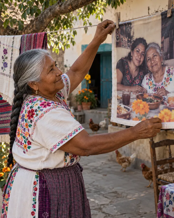 Mujer mostrando un recuerdo familiar impreso